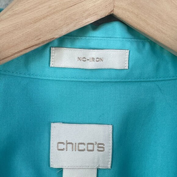 Chicos Womens XL No Iron Turquoise Button Up Shirt Roll Tab Sleeve Blouse - Picture 4 of 9